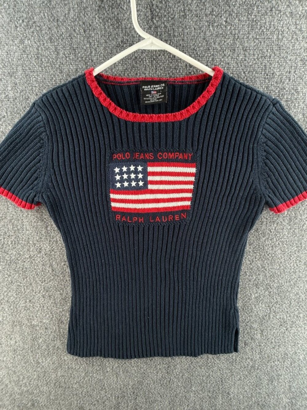 Ralph Lauren Polo Jeans Women Flag Sweater Large Short Sleeve Ribbed Red Blue